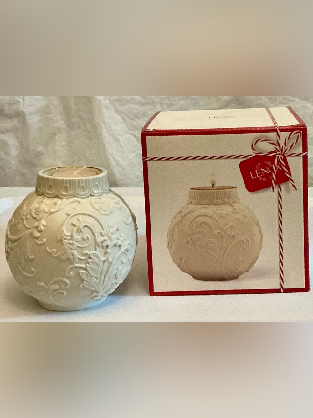Lenox Ivory Holly Scrollwork Votive Candle Holder with Box Holiday New in Box